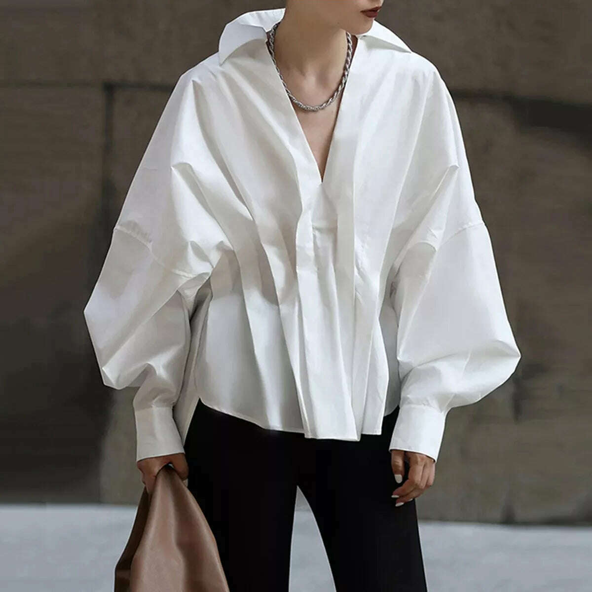 Yeezzi Fashion Pleated White Blouses Female Casual V-neck Long Sleeves Loose Lapel Collar Shirt Tops For Women 2023 New - KIMLUD