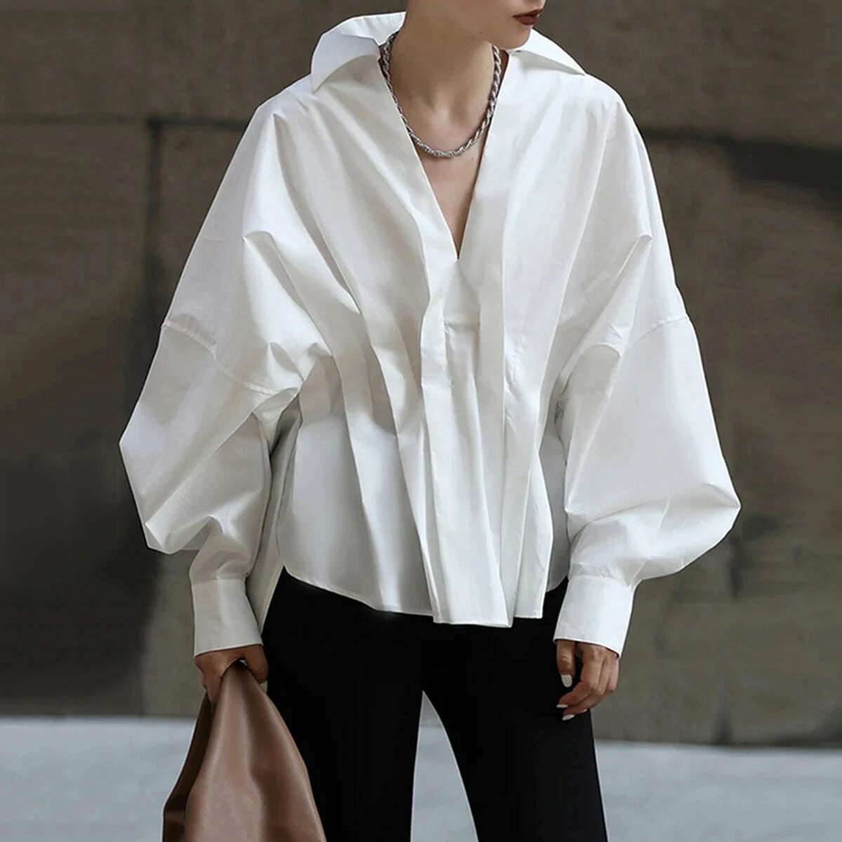 Yeezzi Fashion Pleated White Blouses Female Casual V-neck Long Sleeves Loose Lapel Collar Shirt Tops For Women 2023 New - KIMLUD