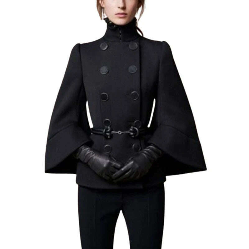 KIMLUD, Yeezzi Female England Style Buttoned Solid Color High Neck Jackets Coats 2024 New Spring Autumn Flared Sleeves Elegant Outerwear, BLACK / S, KIMLUD Women's Clothes
