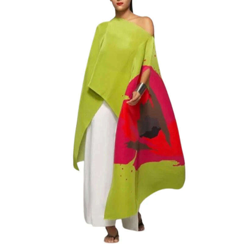 KIMLUD, Yeezzi Female Fashion Asymmetric Contrast Color Printed Off-The-Shoulder T-Shirts 2023 New Summer Batwing Sleeves Elegant Tops, COLORFUL / S, KIMLUD APPAREL - Womens Clothes