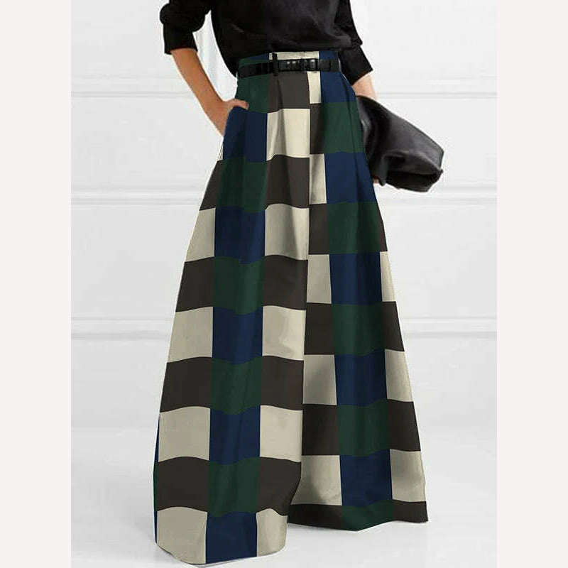 KIMLUD, Yeezzi Female Fashion Checkerboard Contrast Color Pleated High Waist Pants 2023 Spring Autumn Loose Wide Leg Trousers For Women, INK GREEN / S, KIMLUD APPAREL - Womens Clothes
