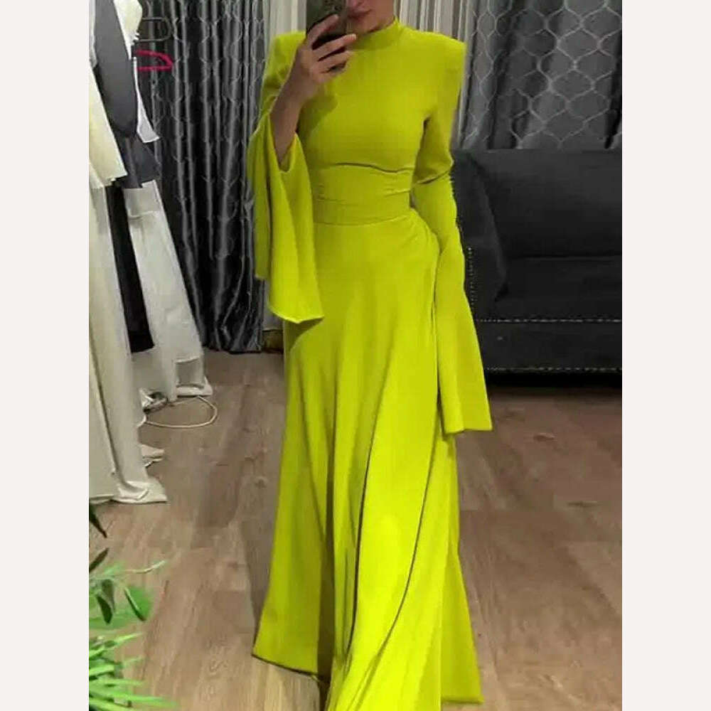 Yeezzi Female Fashion Ruffle Sleeves Solid Color High-Neck Party Evening A-Line Dress 2024 New Spring Summer Casual Maxi Dresses - KIMLUD