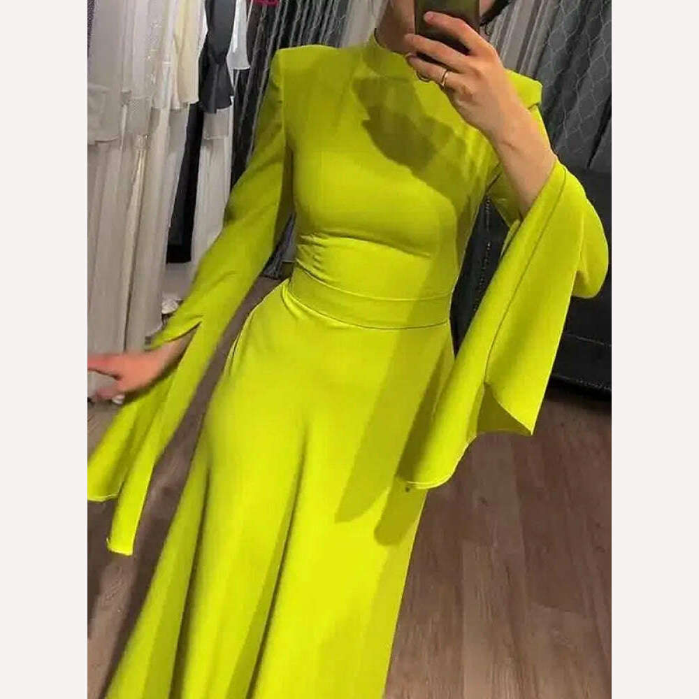 Yeezzi Female Fashion Ruffle Sleeves Solid Color High-Neck Party Evening A-Line Dress 2024 New Spring Summer Casual Maxi Dresses - KIMLUD