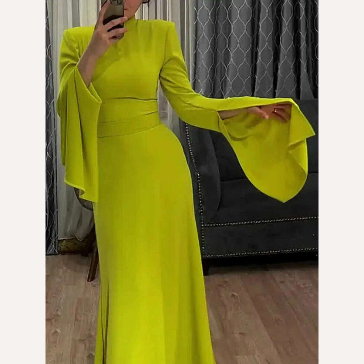 Yeezzi Female Fashion Ruffle Sleeves Solid Color High-Neck Party Evening A-Line Dress 2024 New Spring Summer Casual Maxi Dresses - KIMLUD