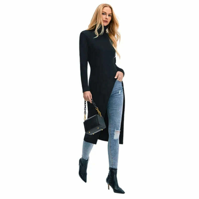 KIMLUD, Yeezzi Female Fashion Simple Long Sleeve High-Neck T-Shirts 2023 New Spring Autumn Split-Side Causal Black Skinny Tops For Women, KIMLUD Womens Clothes