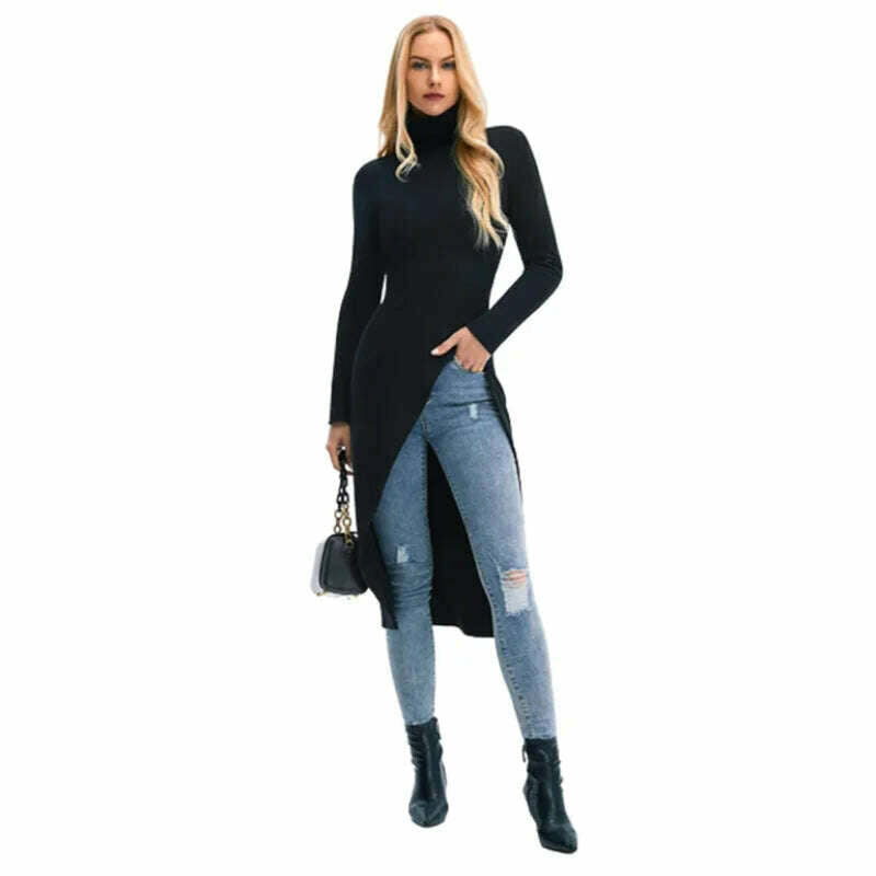 KIMLUD, Yeezzi Female Fashion Simple Long Sleeve High-Neck T-Shirts 2023 New Spring Autumn Split-Side Causal Black Skinny Tops For Women, KIMLUD Womens Clothes