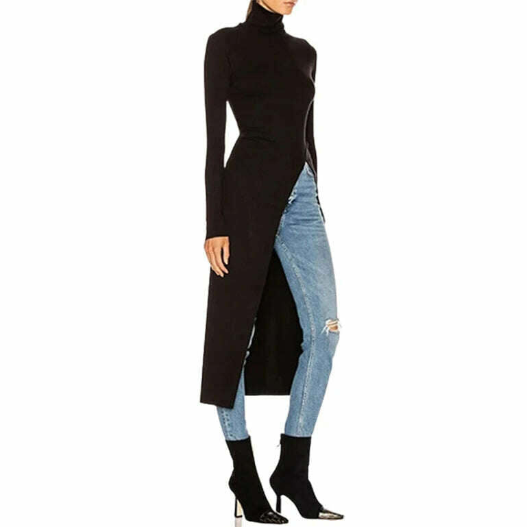 KIMLUD, Yeezzi Female Fashion Simple Long Sleeve High-Neck T-Shirts 2023 New Spring Autumn Split-Side Causal Black Skinny Tops For Women, KIMLUD Women's Clothes
