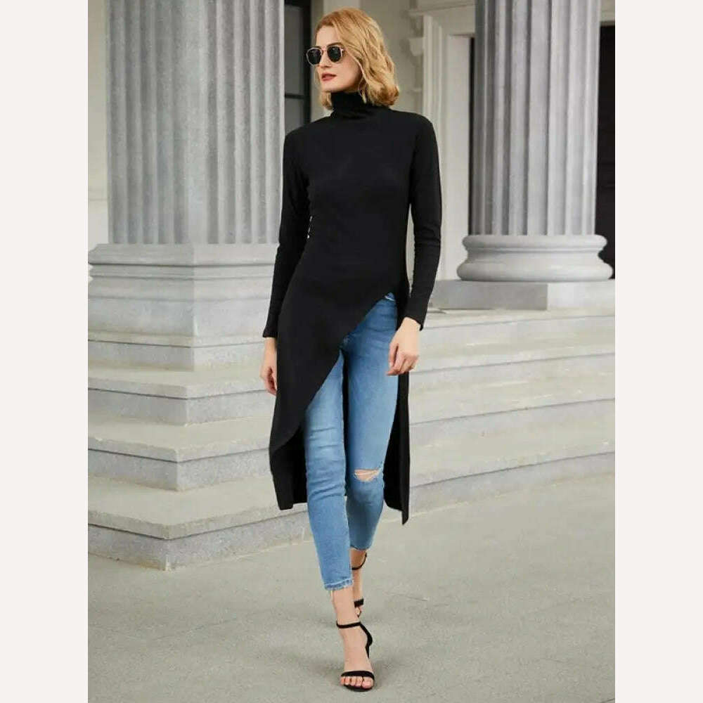 KIMLUD, Yeezzi Female Korean Fashion Split-Side High-Neck Casual Tops Spring Autumn Long Sleeve Black Skinny T-Shirts For Women 2023 New, KIMLUD Womens Clothes
