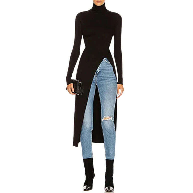 Yeezzi Female Korean Fashion Split-Side High-Neck Casual Tops Spring Autumn Long Sleeve Black Skinny T-Shirts For Women 2023 New, Black / S, KIMLUD Women's Clothes