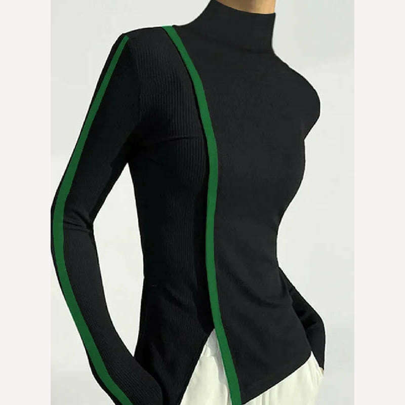 KIMLUD, Yeezzi Female Korean Fashion Split-Side High-Neck Skinny Tops Spring Autumn Long Sleeve Casual Black T-Shirts For Women 2023 New, BLACK / S, KIMLUD Women's Clothes