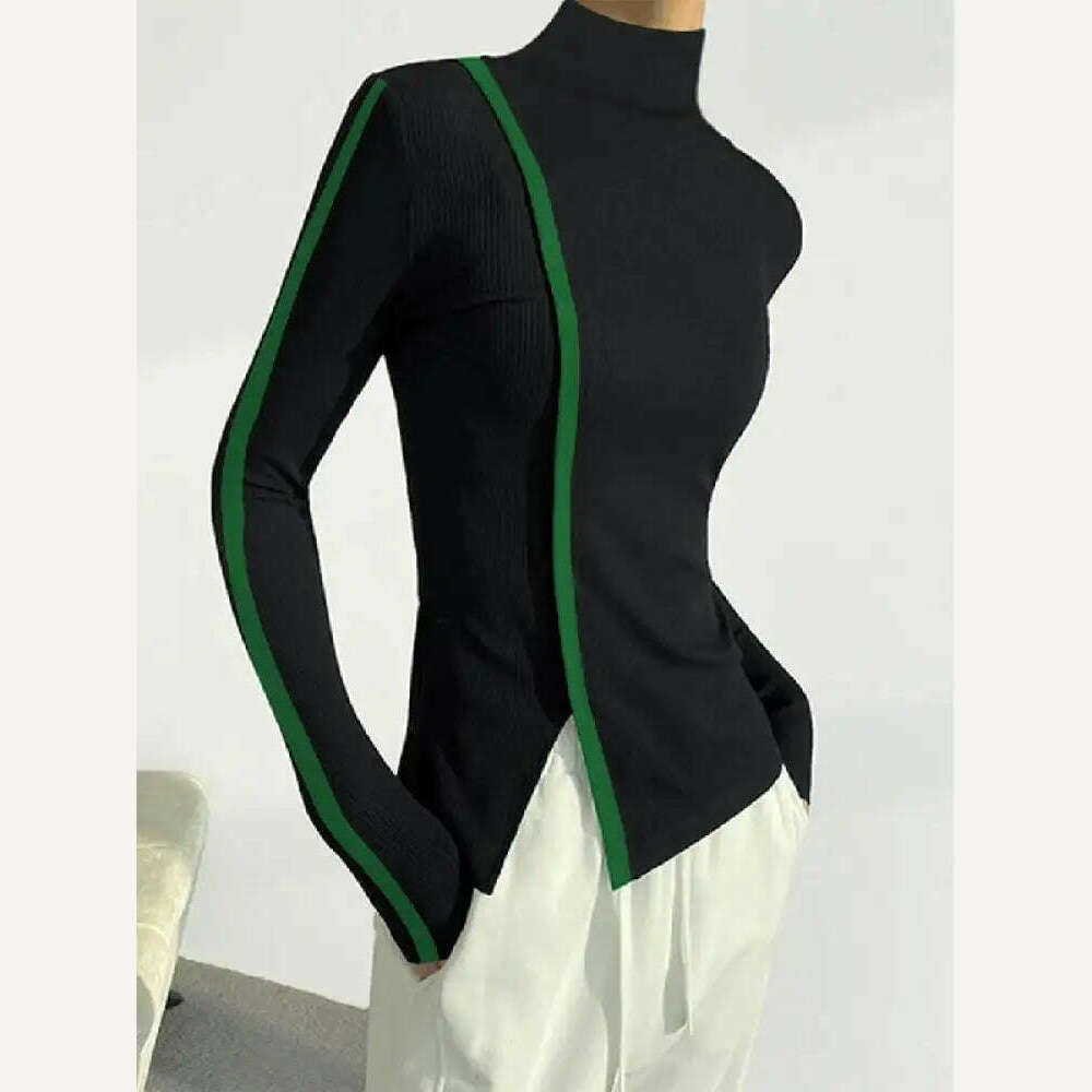 KIMLUD, Yeezzi Female Korean Fashion Split-Side High-Neck Skinny Tops Spring Autumn Long Sleeve Casual Black T-Shirts For Women 2023 New, KIMLUD Womens Clothes