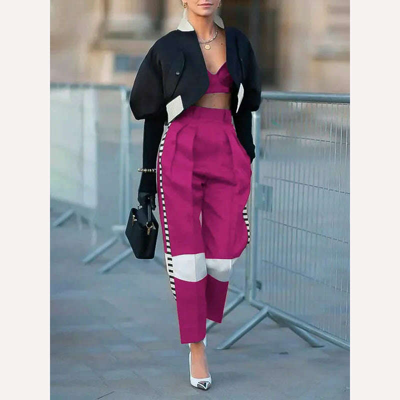 KIMLUD, Yeezzi Female Stylish Selection Contrast Color High Waisted Pants Spring Autumn Causal Going Out Trousers For Women 2023 New, FUSCHIA / S, KIMLUD Womens Clothes