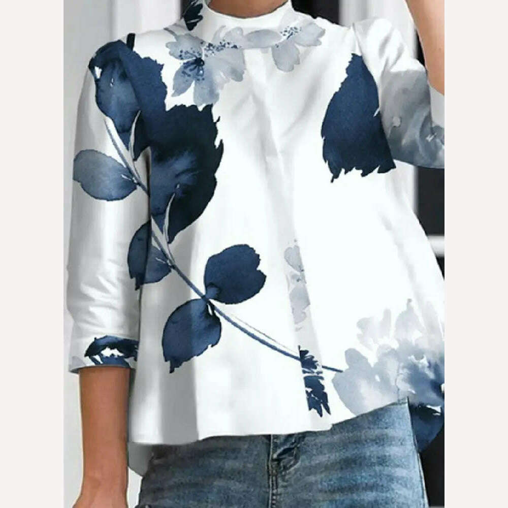 Yeezzi Female Vintage Elegant Floral Printed Stand Collar Blouses 2023 Spring Three-Quarter Sleeves Causal Shirts Tops For Women - KIMLUD