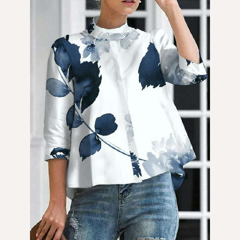 Yeezzi Female Vintage Elegant Floral Printed Stand Collar Blouses 2023 Spring Three-Quarter Sleeves Causal Shirts Tops For Women, WHITE / S, KIMLUD Women's Clothes