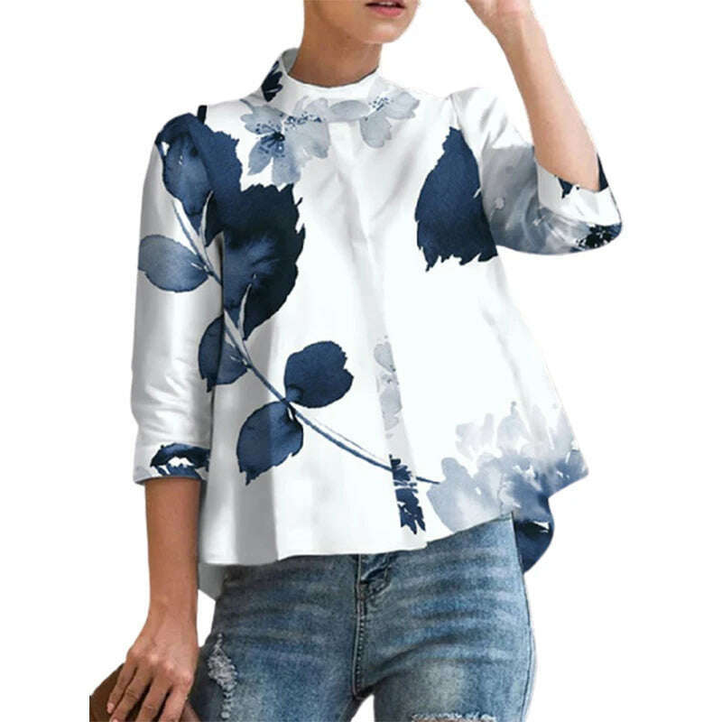 Yeezzi Female Vintage Elegant Floral Printed Stand Collar Blouses 2023 Spring Three-Quarter Sleeves Causal Shirts Tops For Women - KIMLUD