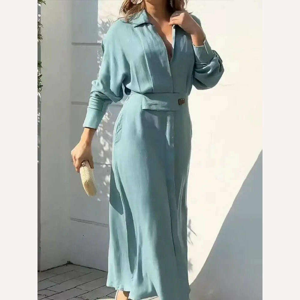 KIMLUD, Yeezzi Office Lady Fashion Long Sleeve Solid Color V-Neck A-Line Dress 2023 Spring Autumn Casual Going Out Vacation Maxi Dresses, KIMLUD Womens Clothes