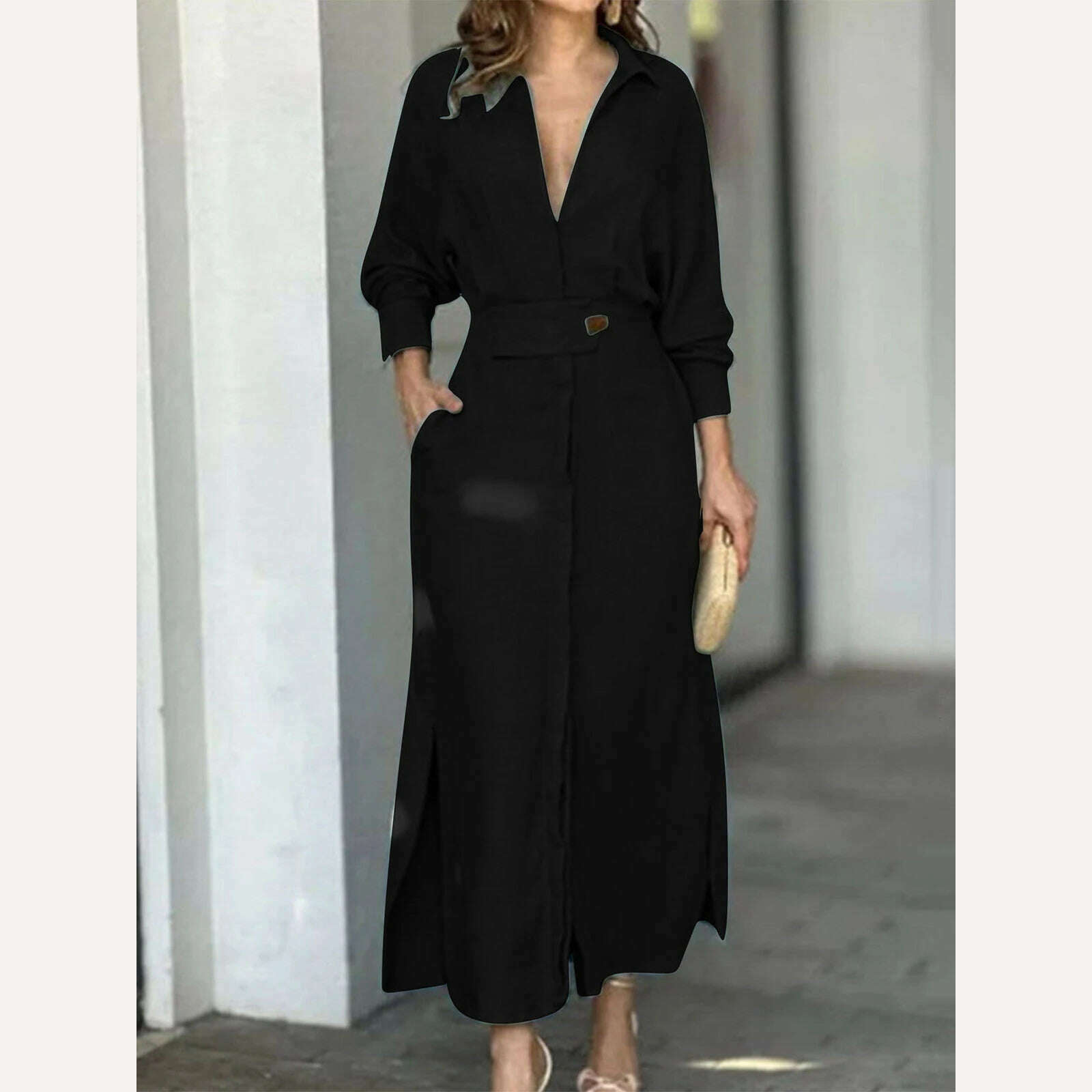KIMLUD, Yeezzi Office Lady Fashion Long Sleeve Solid Color V-Neck A-Line Dress 2023 Spring Autumn Casual Going Out Vacation Maxi Dresses, BLACK / S, KIMLUD Womens Clothes