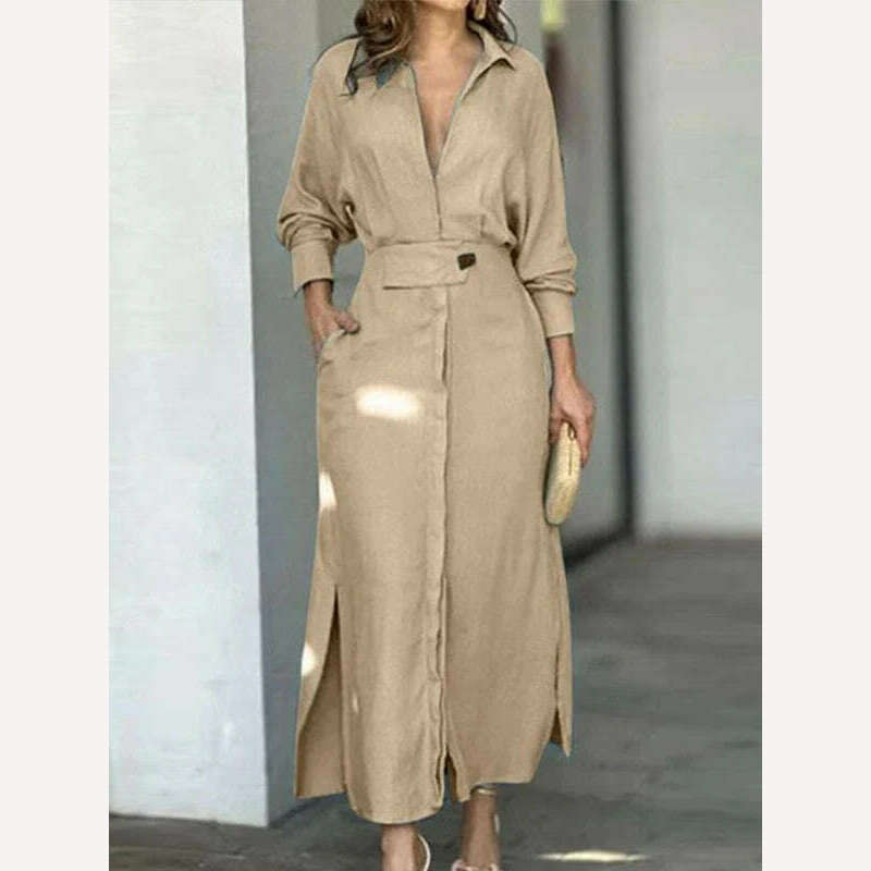 KIMLUD, Yeezzi Office Lady Fashion Long Sleeve Solid Color V-Neck A-Line Dress 2023 Spring Autumn Casual Going Out Vacation Maxi Dresses, KHAKI / S, KIMLUD Womens Clothes