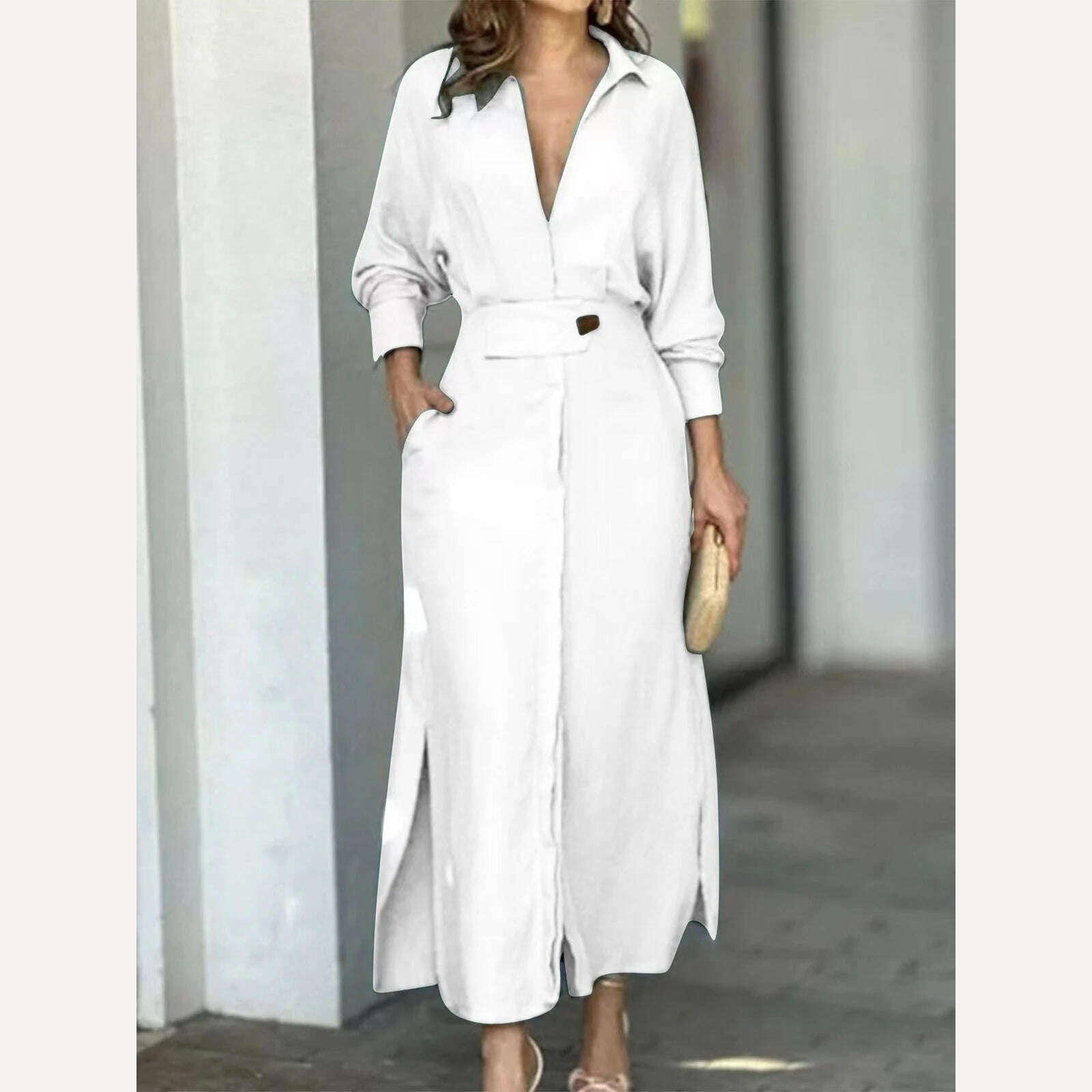 KIMLUD, Yeezzi Office Lady Fashion Long Sleeve Solid Color V-Neck A-Line Dress 2023 Spring Autumn Casual Going Out Vacation Maxi Dresses, WHITE / S, KIMLUD Women's Clothes