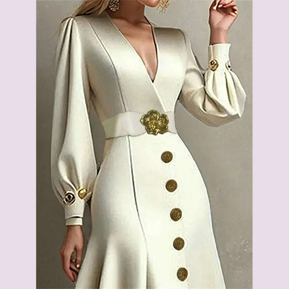 Yeezzi Urban Female Formal Elegant Evening Dresses 2024 New Autumn Puff Sleeves Tied Waist V-Neck Commute Office Midi Dresses - KIMLUD