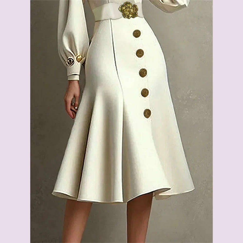 Yeezzi Urban Female Formal Elegant Evening Dresses 2024 New Autumn Puff Sleeves Tied Waist V-Neck Commute Office Midi Dresses - KIMLUD
