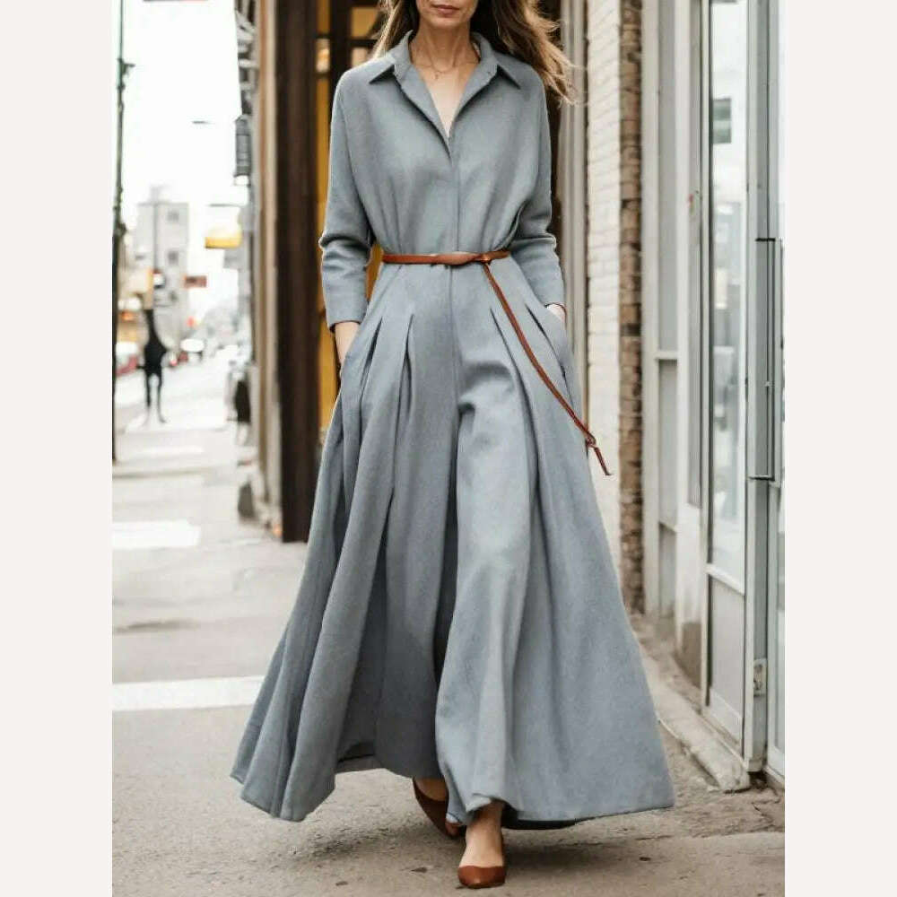 KIMLUD, Yeezzi Urban Female Long Sleeves Lapel Wide Leg Pleated Jumpsuits 2023 New Spring Autumn Casual Office Elegant One Piece Outfits, KIMLUD Womens Clothes