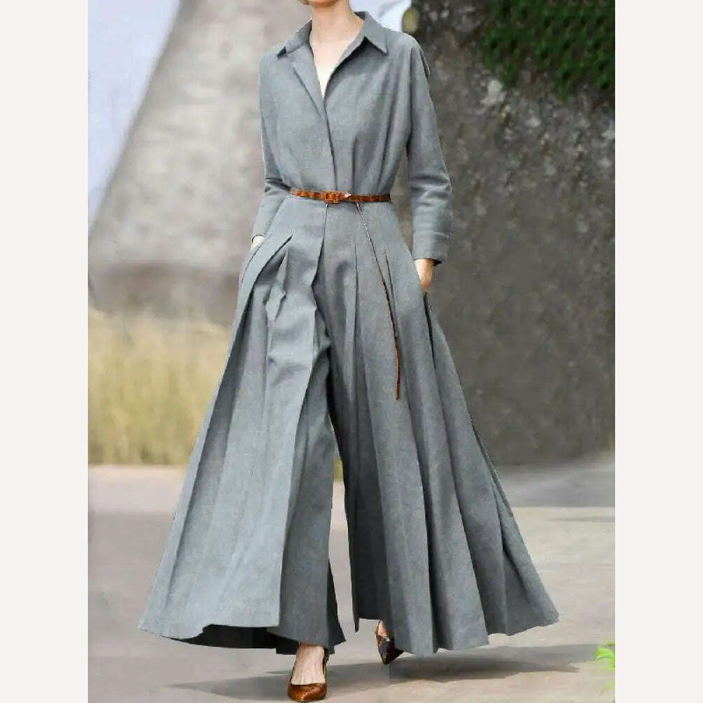 KIMLUD, Yeezzi Urban Female Long Sleeves Lapel Wide Leg Pleated Jumpsuits 2023 New Spring Autumn Casual Office Elegant One Piece Outfits, KIMLUD Womens Clothes