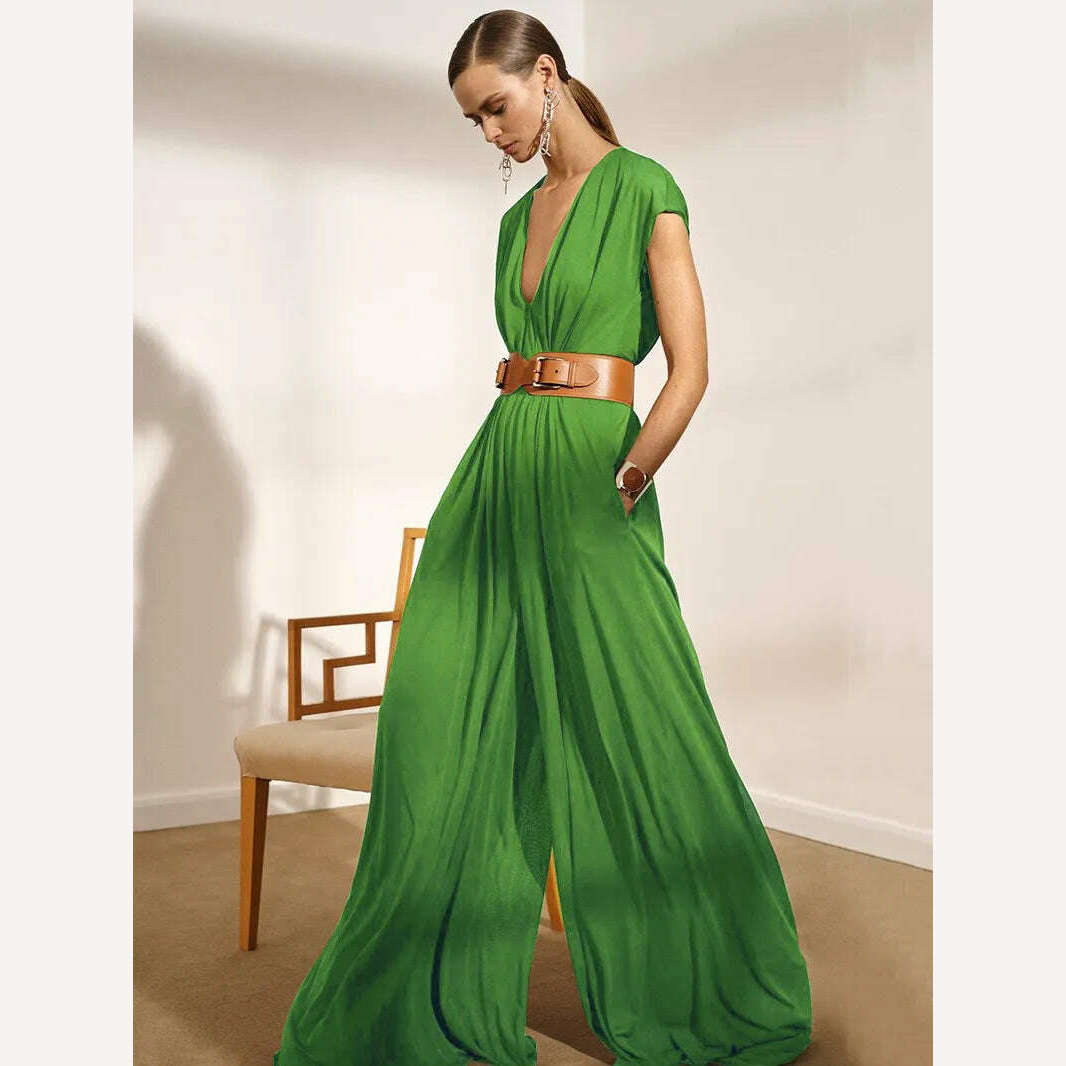 KIMLUD, Yeezzi Urban Stylish Wide Leg Sexy V-Neck Jumpsuits With Belt Fashion Solid Color Causal Loose Jump Suits For Women 2023 Summer, KIMLUD Womens Clothes