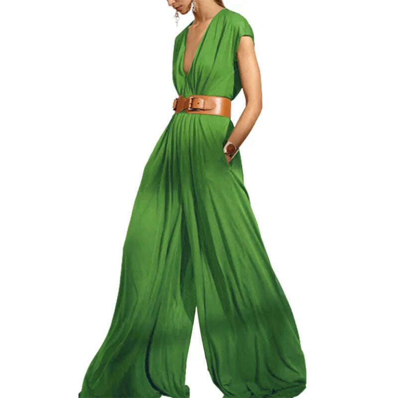 KIMLUD, Yeezzi Urban Stylish Wide Leg Sexy V-Neck Jumpsuits With Belt Fashion Solid Color Causal Loose Jump Suits For Women 2023 Summer, KIMLUD Womens Clothes