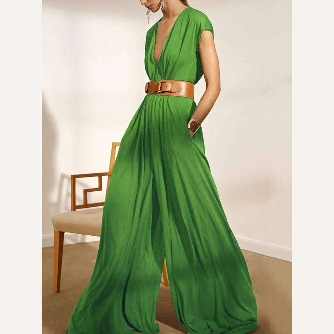 KIMLUD, Yeezzi Urban Stylish Wide Leg Sexy V-Neck Jumpsuits With Belt Fashion Solid Color Causal Loose Jump Suits For Women 2023 Summer, KIMLUD Womens Clothes