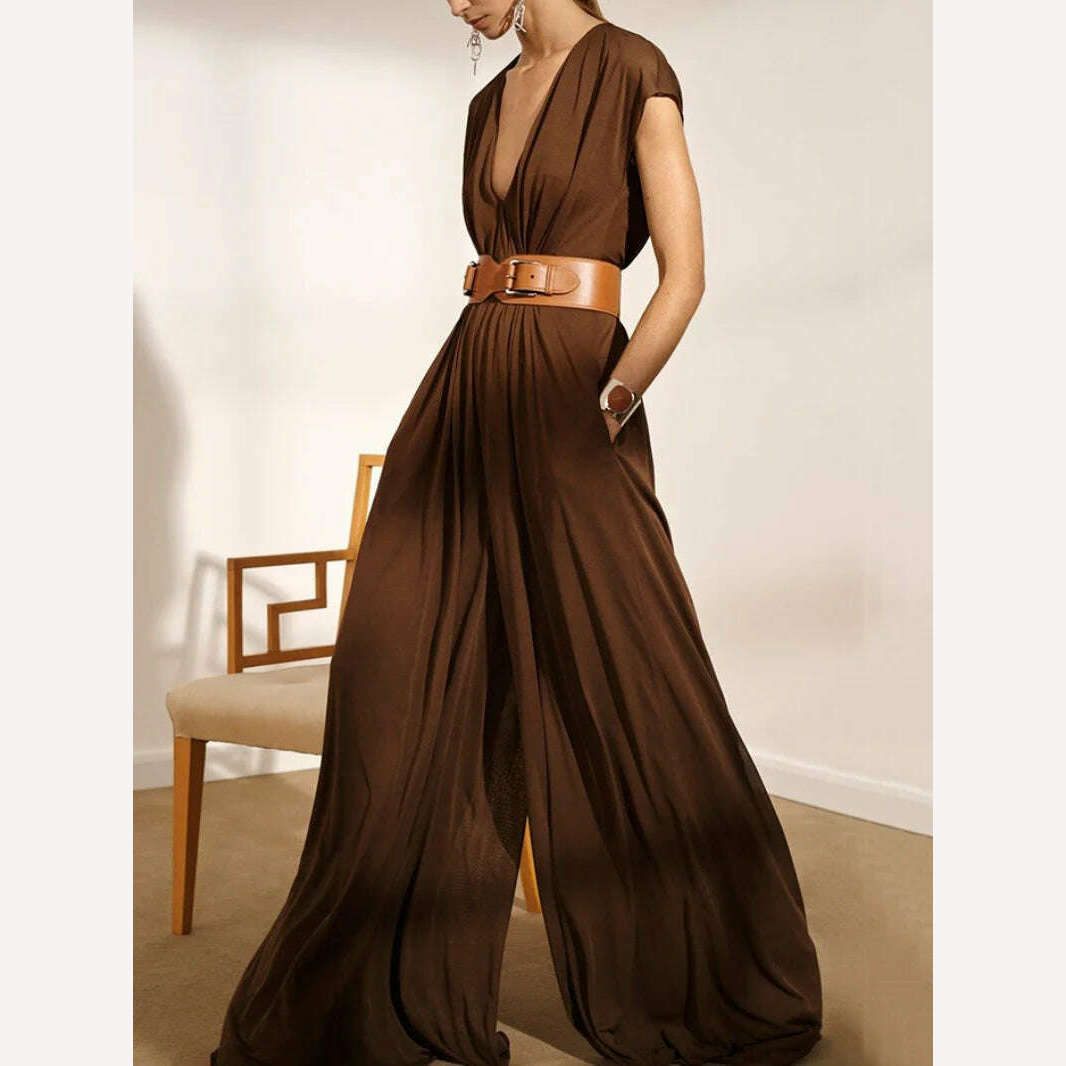 KIMLUD, Yeezzi Urban Stylish Wide Leg Sexy V-Neck Jumpsuits With Belt Fashion Solid Color Causal Loose Jump Suits For Women 2023 Summer, KIMLUD Womens Clothes