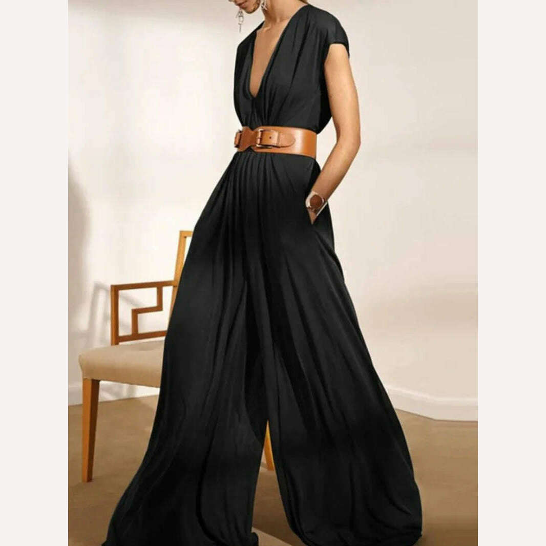 KIMLUD, Yeezzi Urban Stylish Wide Leg Sexy V-Neck Jumpsuits With Belt Fashion Solid Color Causal Loose Jump Suits For Women 2023 Summer, KIMLUD Womens Clothes