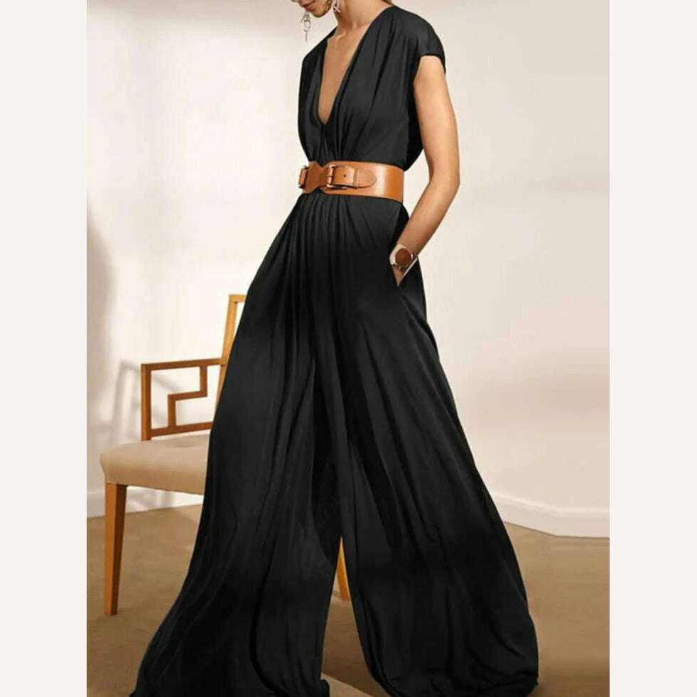 KIMLUD, Yeezzi Urban Stylish Wide Leg Sexy V-Neck Jumpsuits With Belt Fashion Solid Color Causal Loose Jump Suits For Women 2023 Summer, BLACK / S, KIMLUD APPAREL - Womens Clothes