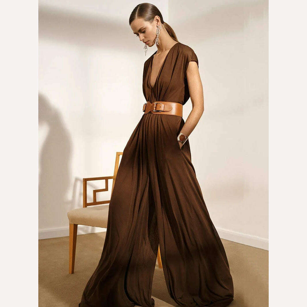 KIMLUD, Yeezzi Urban Stylish Wide Leg Sexy V-Neck Jumpsuits With Belt Fashion Solid Color Causal Loose Jump Suits For Women 2023 Summer, BROWN / S, KIMLUD APPAREL - Womens Clothes