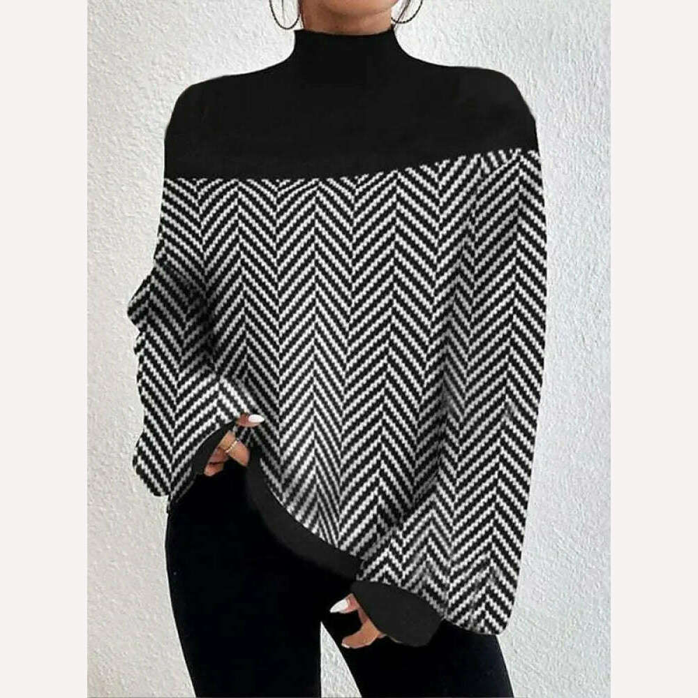 KIMLUD, Yeezzi Women Autumn Winter Turtleneck Sweater Tops Fashion Striped Long Sleeves Loose Split-Joint Casual Pullovers Knitwear, KIMLUD Womens Clothes
