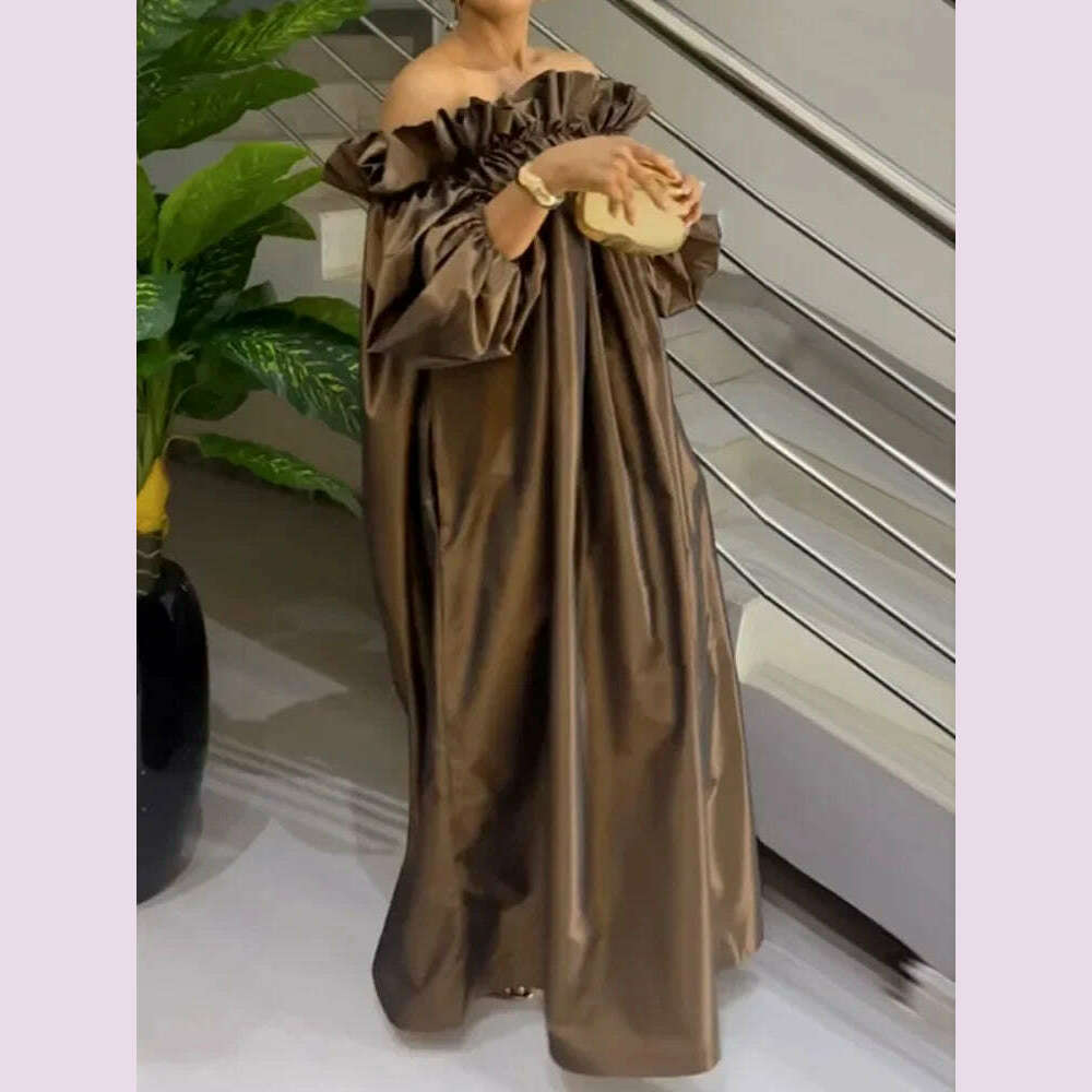 KIMLUD, Yeezzi Women Fashion Falbala Elegant Evening Maxi Dresses 2025 New Spring Puff Sleeves Pleated Off-The-Shoulder Party Prom Dress, KIMLUD Womens Clothes