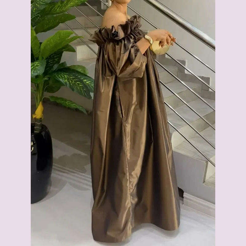 KIMLUD, Yeezzi Women Fashion Falbala Elegant Evening Maxi Dresses 2025 New Spring Puff Sleeves Pleated Off-The-Shoulder Party Prom Dress, KIMLUD Womens Clothes