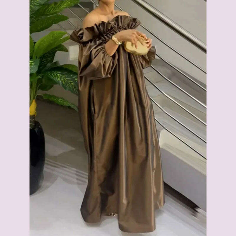 KIMLUD, Yeezzi Women Fashion Falbala Elegant Evening Maxi Dresses 2025 New Spring Puff Sleeves Pleated Off-The-Shoulder Party Prom Dress, KIMLUD Womens Clothes