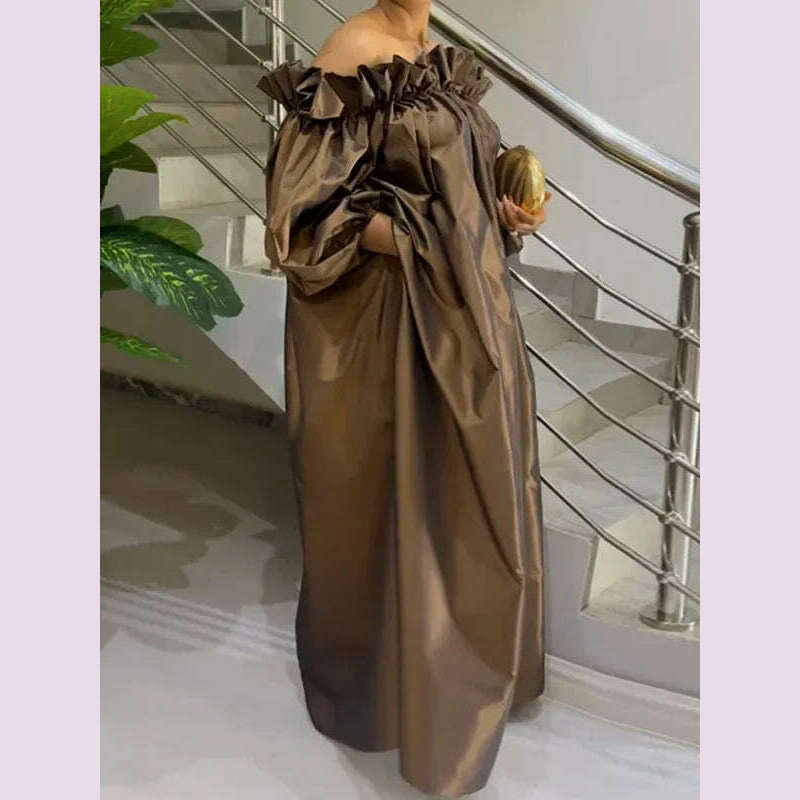 KIMLUD, Yeezzi Women Fashion Falbala Elegant Evening Maxi Dresses 2025 New Spring Puff Sleeves Pleated Off-The-Shoulder Party Prom Dress, BROWN / XL, KIMLUD APPAREL - Womens Clothes