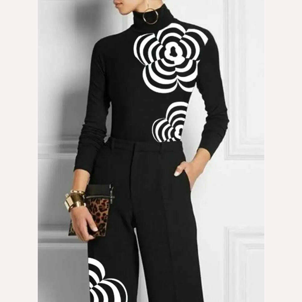 Yeezzi Women Fashion Flower Print High Neck Zipper Skinny T-Shirts 2023 New Spring Autumn Long Sleeves Casual Basic Black Tops - KIMLUD