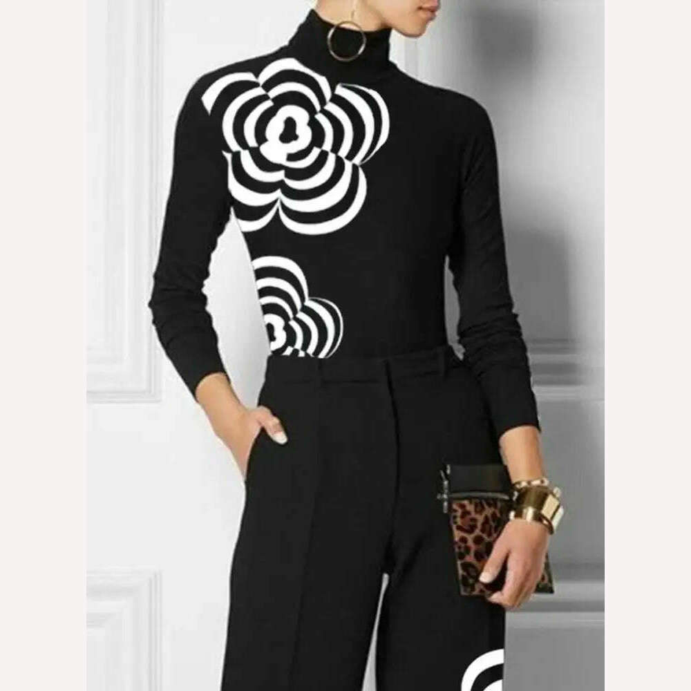 Yeezzi Women Fashion Flower Print High Neck Zipper Skinny T-Shirts 2023 New Spring Autumn Long Sleeves Casual Basic Black Tops - KIMLUD
