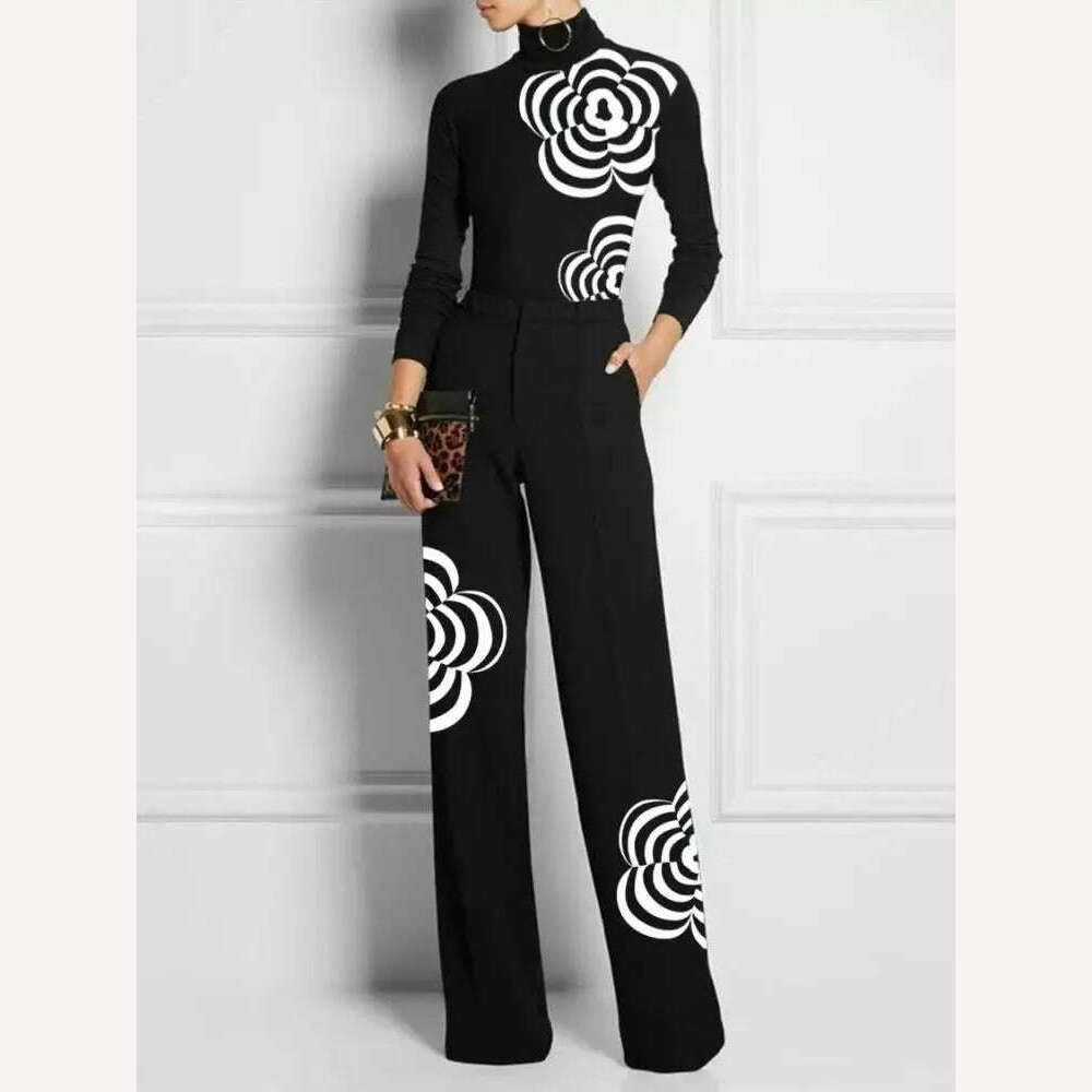 Yeezzi Women Fashion Flower Print High Neck Zipper Skinny T-Shirts 2023 New Spring Autumn Long Sleeves Casual Basic Black Tops - KIMLUD