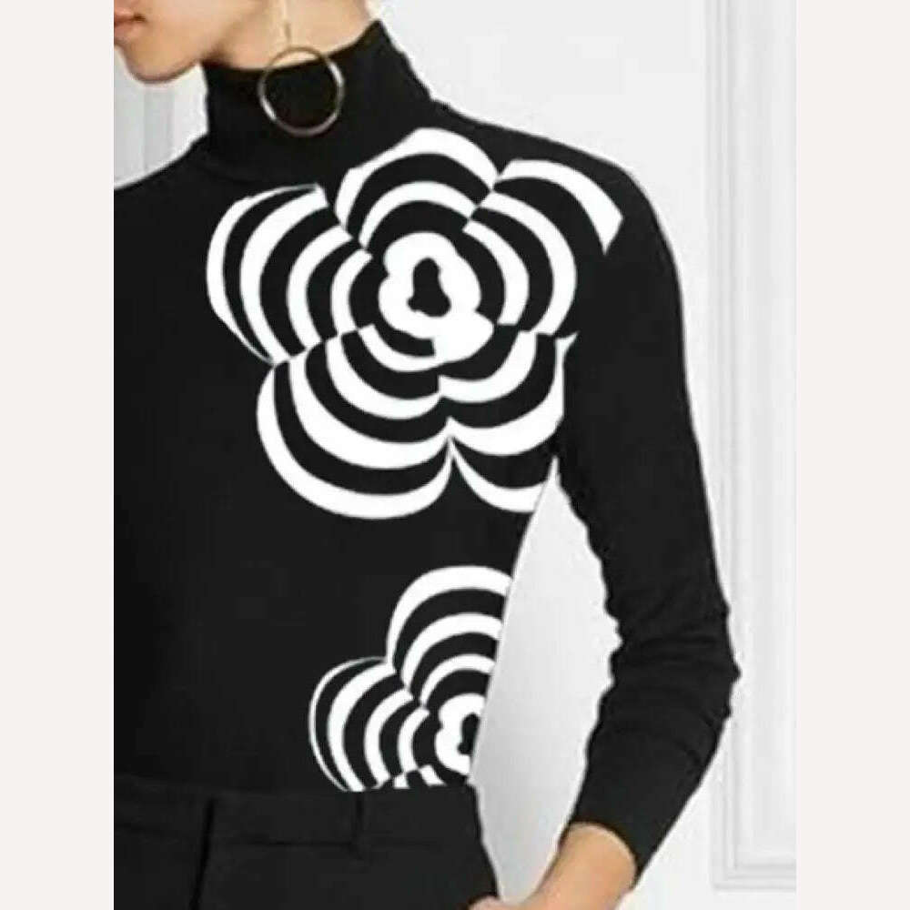 KIMLUD, Yeezzi Women Fashion Flower Print High Neck Zipper Skinny T-Shirts 2023 New Spring Autumn Long Sleeves Casual Basic Black Tops, KIMLUD Women's Clothes