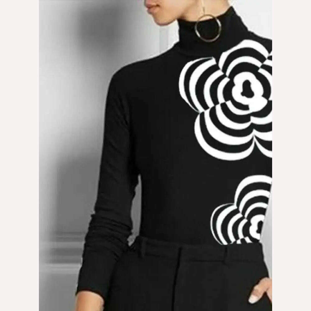 Yeezzi Women Fashion Flower Print High Neck Zipper Skinny T-Shirts 2023 New Spring Autumn Long Sleeves Casual Basic Black Tops - KIMLUD