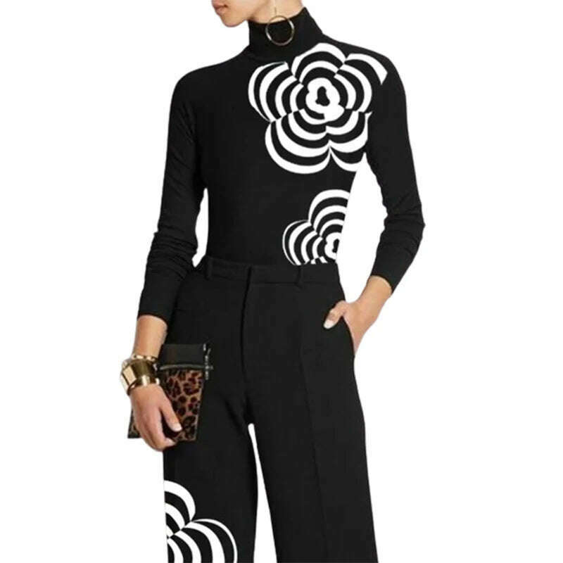 Yeezzi Women Fashion Flower Print High Neck Zipper Skinny T-Shirts 2023 New Spring Autumn Long Sleeves Casual Basic Black Tops - KIMLUD