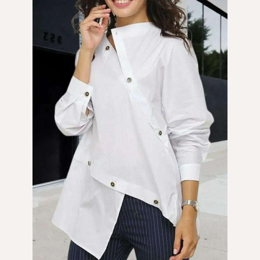 KIMLUD, Yeezzi Women Korean Fashion Buttoned Asymmetric Split-Front Blouses 2023 Spring Autumn Long Sleeves Causal White Shirts Tops, KIMLUD Women's Clothes