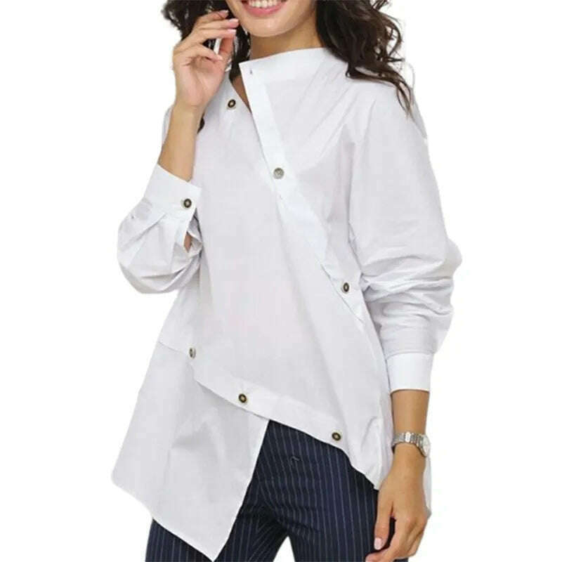 KIMLUD, Yeezzi Women Korean Fashion Buttoned Asymmetric Split-Front Blouses 2023 Spring Autumn Long Sleeves Causal White Shirts Tops, WHITE / S, KIMLUD Womens Clothes