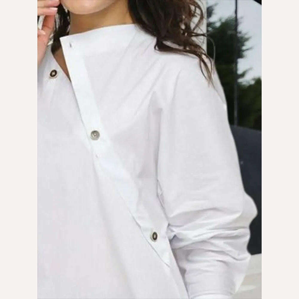 KIMLUD, Yeezzi Women Korean Fashion Buttoned Asymmetric Split-Front Blouses 2023 Spring Autumn Long Sleeves Causal White Shirts Tops, KIMLUD Womens Clothes