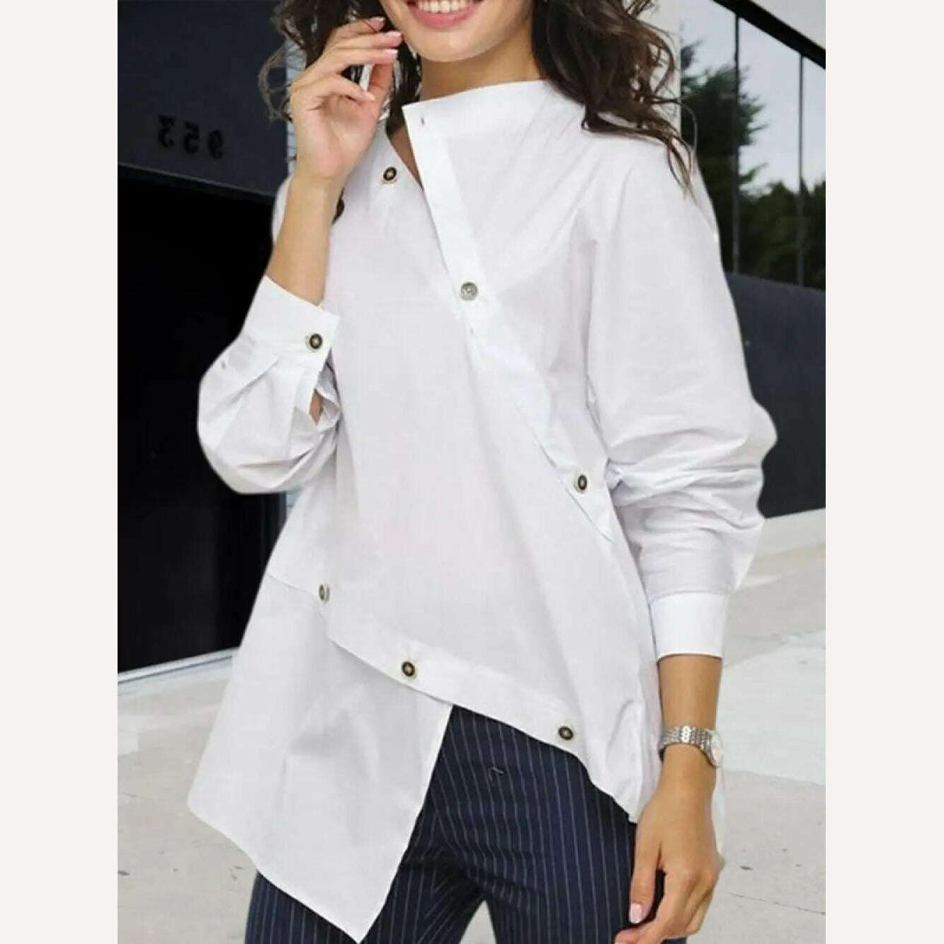 KIMLUD, Yeezzi Women Korean Fashion Buttoned Asymmetric Split-Front Blouses 2023 Spring Autumn Long Sleeves Causal White Shirts Tops, KIMLUD Womens Clothes