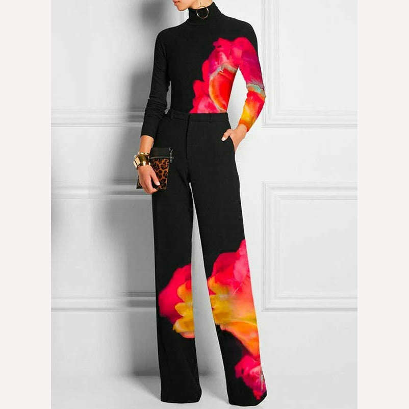 Yeezzi Women Spring Autumn Long Sleeves T-Shirts 2023 New Fashion Contrast Color Printed High Neck Casual Office Skinny Tops - KIMLUD